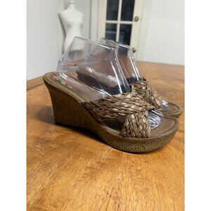 Vtg 90's Bongo 8.5-9 Braided Wedge Sandals Brown Faux Leather Slip On Chunky